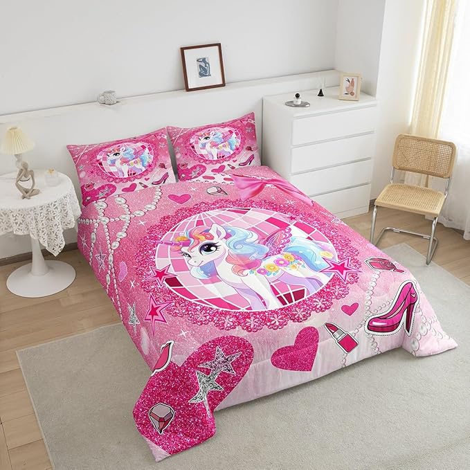 Cartoon Unicorn Kids Comforter Set Full Size,Bowknot High-heeled Shoes Lip Romantic Bedding Set,Girls Women Room Decor,Stars Sparkling Princess Down Comforter,Pink Cute Duvet Insert,2 Pillowcases