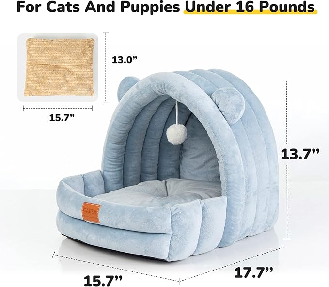Cat Bed for Indoor Cats, Cat Cave with Reversible Cushion Pillow for All Season, Cat Beds for Indoor Cats, Kitty and Small Dogs, Soft Premium Cotton Cat Bed with Anti-Slip Bottom