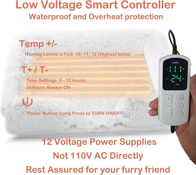 Fluffy Heated Cat Bed Indoor w/ 12V Electric Heating Pad, Thermal Warming Heated Pet Bed with Adjustable Temperature & Timer