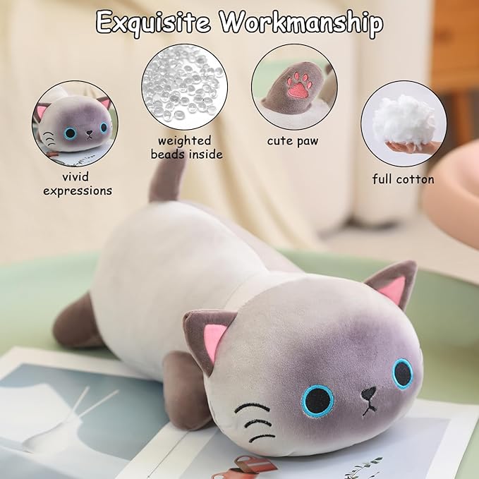 SQEQE Weighted Siamese Cat Plush, Weighted Siamese Cat Stuffed Animal, Cute Plushies Soft Pillow Toy Gift for Kids Adults 23.6 Inch, 3.1 Lbs