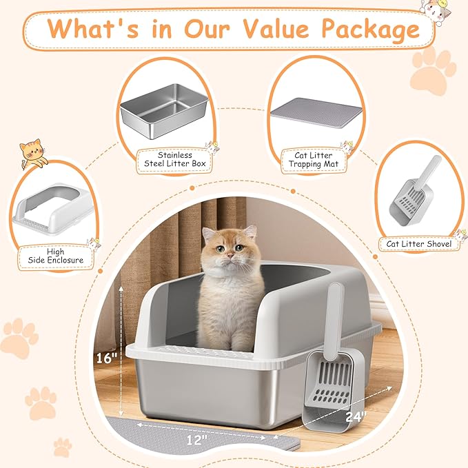 2 Pack Stainless Steel Cat Litter Box, 24'' XL Extra Large Cat Litter Box with Lid, Metal Litter Box for Multiple Cats, Anti-Leakage,Non-Stick, Easy to Clean, Included Cat Litter Mat, Scoop