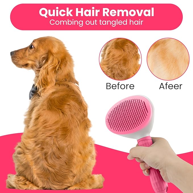Cat & Dog Grooming Essentials: Self-Cleaning Slicker Brush for Shedding, Long Hair & Clicker for Training (PINK)