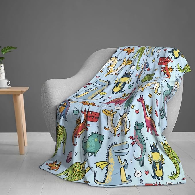 Kids Cute Dragon Print Blanket Throw 60"x50", Plush Flannel Blankets with Dragons, Soft Warm Decorative for Kids Women