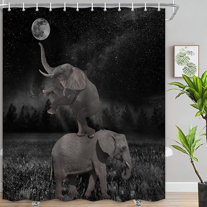 Boziqr Funny Shower Curtains for Bathroom, Cute Elephant Moon Forest Bath Curtain, Rustic Farmhouse Decor Polyester Fabric Fun Cool Animals Black 70 x 70 Inches