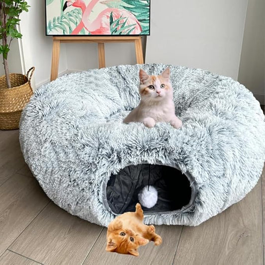Cat Tunnel Bed, Tunnels for Indoor Cats Soft Warm Light Grey Plush, Collapsible Interactive Tube Toys, Maze House with Peek Holes Dangling Ball for Rabbit, Kitten, Kitty, Puppy