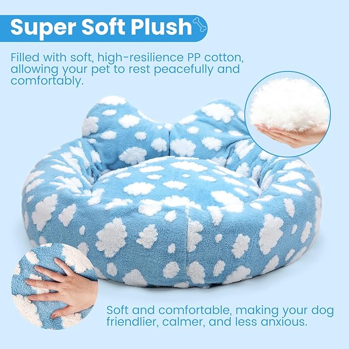 Cat Bed & Dog Bed, Removable Cozy Soft Cat Bed Washable Round Cute Dog Bed with Jacquard for Small Medium Cats and Dogs, Blue Sky XS