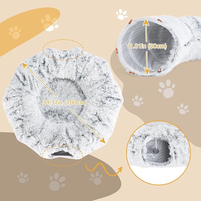 Avont Cat Tunnel Bed with Central Washable Cushion - Large Cat Tunnel Tube Toys 3 Shape to Play for Indoor Cats Kittens Puppies Ferret, Round Plush Fluffy Cat Bed with Tunnels -Grey