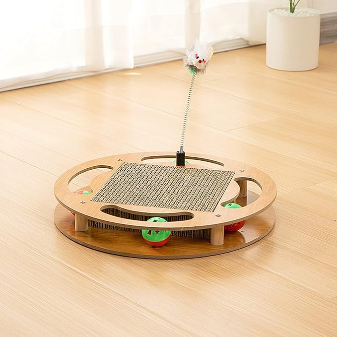 Cat Scratching Board with 4 Cat Bell Balls Toys and Spring Mouse Toy, Cat Scratcher Pad for Indoor Cats, Cat Scratcher Cardboard, Durable, Cat Self Groomer, Stable and Non-Slip, Eco-Friendly Wood