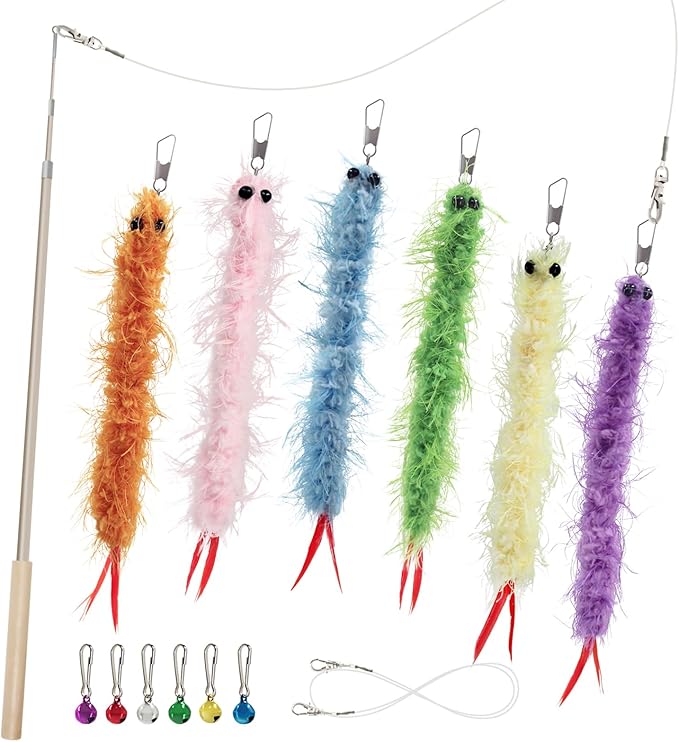 SONGWAY Worm Cat Wand Toys - 6 PCS Cat Worm Toys with Retractable Cat Wand, Cat Feather Tail Toys, Cat Fishing Pole Toy, Interactive Cat Toys for Indoor Cats Kittens