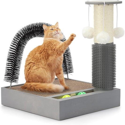 Cat Scratching Post with Cat Tower Tree and Cats Arch Self Groomer Massager Brush Kitty Ball Toys for Kittens,Cat Posts and Scratchers for Indoor Pets,Interactive Toy with Ball Track Spring Ball…