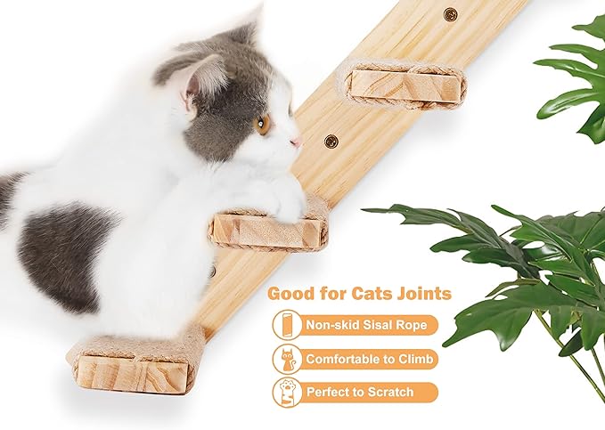 Cat Climbing Stair Shelf Wall Mounted Reversible Left & Right Direction, Cat Stairway Shelf for Climbing with Sisal Rope Ladder Cat Wall Furniture