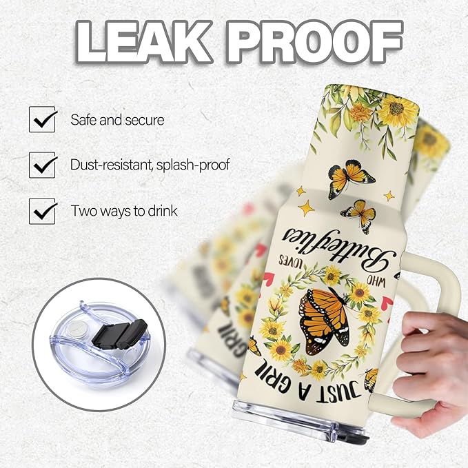 Butterfly Gift, 40 Oz Just a Girl Who Loves Butterflies Tumbler with Handle & Straw, Birthday Gifts for Animal Lovers Women Men, Stainless Steel Yellow Butterfly Tumbler