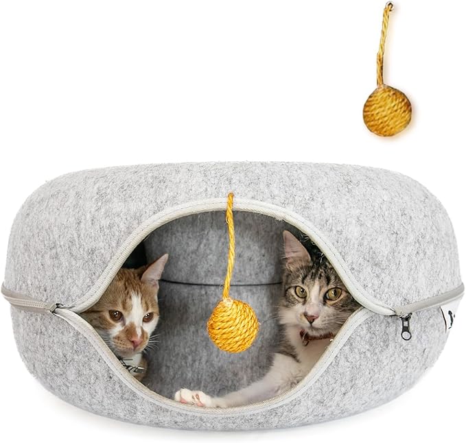 Large (24 Inch) Peekaboo Cat Cave for Multiple & Large Cats, Cat Caves for Indoor Cats Up to 30 Lbs, Scratch Detachable & Washable, Cat Tunnel Bed (Light Grey)