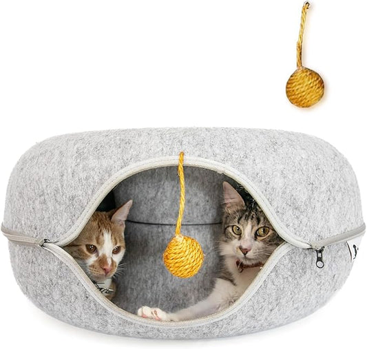 Large (24 Inch) Peekaboo Cat Cave for Multiple & Large Cats, Cat Caves for Indoor Cats Up to 30 Lbs, Scratch Detachable & Washable, Cat Tunnel Bed (Light Grey)