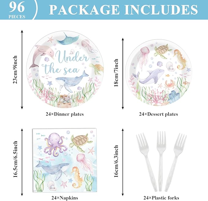 96 Pcs Under the Sea Party Decorations Ocean Plates and Napkins Sea Turtle Theme Tableware Set Decor Party Supplies for Birthday Wedding Baby Shower Sea Animal Party Favors for 24 Guests