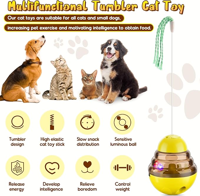 Interactive Cat Toys for Indoor Cats,Tumbler Toy for Kitten Tracking Balls Treat Dispenser for Bored Cat and Small Dogs to Chase and Exercise（Yellow