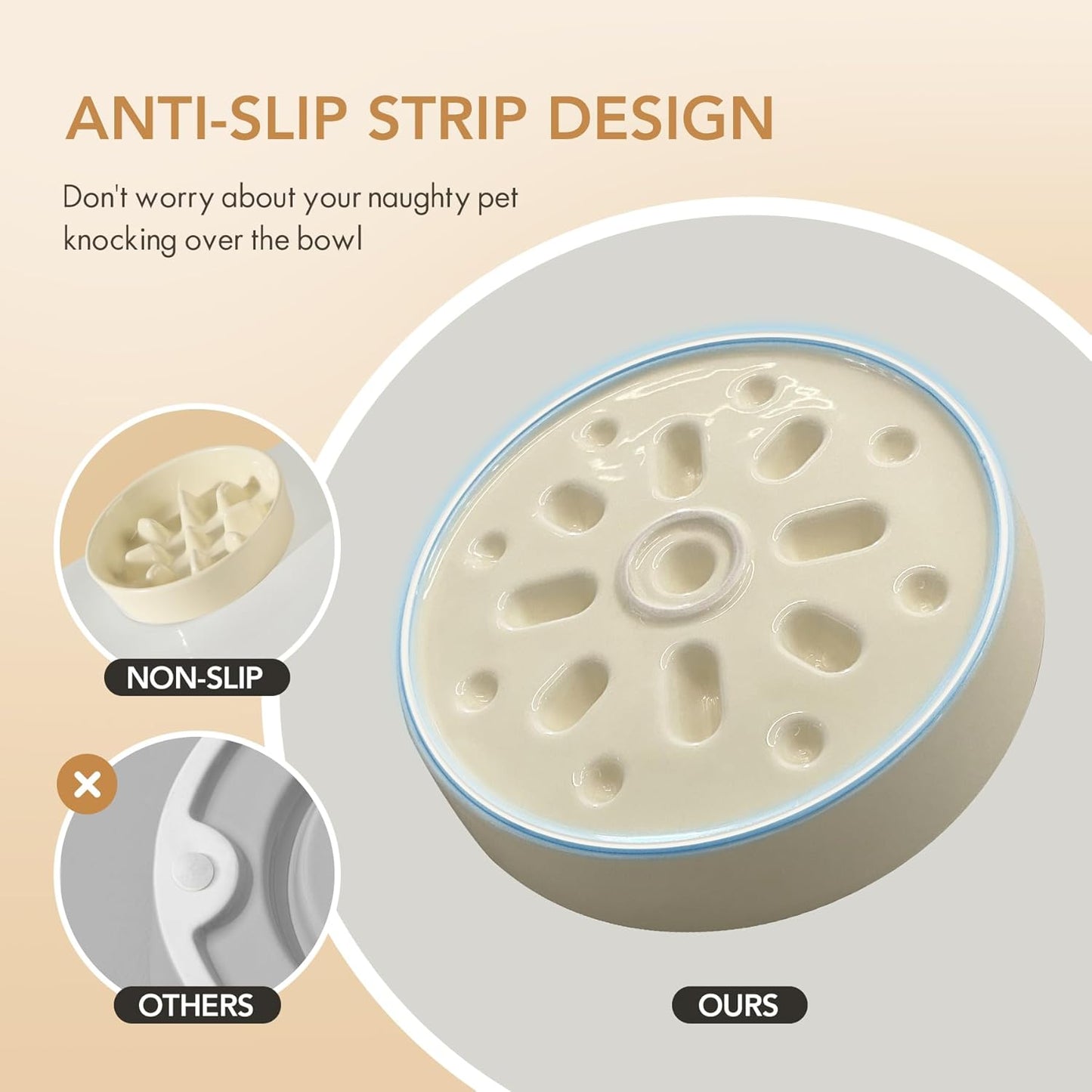 7.3inch Ceramic Dog Raised Slow Feeder Set, Elevated Bowl with Wooden Stand for Medium and Small Dog, Slow Feeder Dish for Fast Easters, Preventing Choking(Beige, Single Bowl+ Stand)