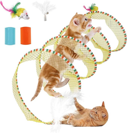 S Type Self-Play Folded Coil Cat Spiral Tunnel Toy for Indoor Large Cats Play Exercise with 2 PCS Flea Lice Combs, Decompression Interactive Cat Springs Toys (Yellow)