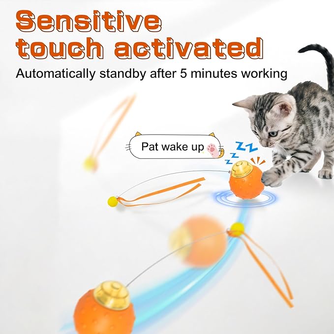 Interactive Cat Toy Ball, Touch Activated Cat Toys for Indoor Cats with Chirping Bird, Automatic Rolling Ball, Rechargeable Self Play Cat Toys