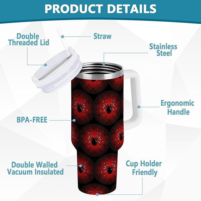 Boccsty Black Red Spider's Web Insulated Tumblers Reusable Stainless Steel Tumbler 30 oz Cup Coffee Travel Mug Water Bottle with Handle & Flip Straw for Home Office Car