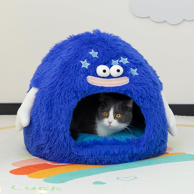 Hollypet Cat Beds for Indoor Cats, Cat Bed Cave, Cat House with Washable Cushion, Cat Bed Small for Kittens, Small Pets, Cat Tent Sleeping Bed, Cat Bed Warmer Pet Nest, Royal Blue Monster
