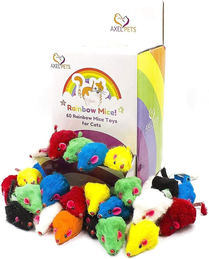 60 Rainbow Mice with Catnip and Rattle Sound Made of Real Rabbit Fur Interactive Catch Play Mouse Toy for Cat, Box of 60 Mice