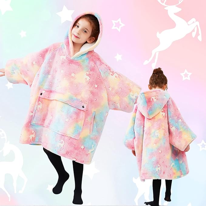 Glow in The Dark Wearable Blanket Hoodie for Kids Sherpa Patterns Oversized Sweatshirt Blanket with Pocket 6-10 Year Old Girl Birthday Gifts Rainbow