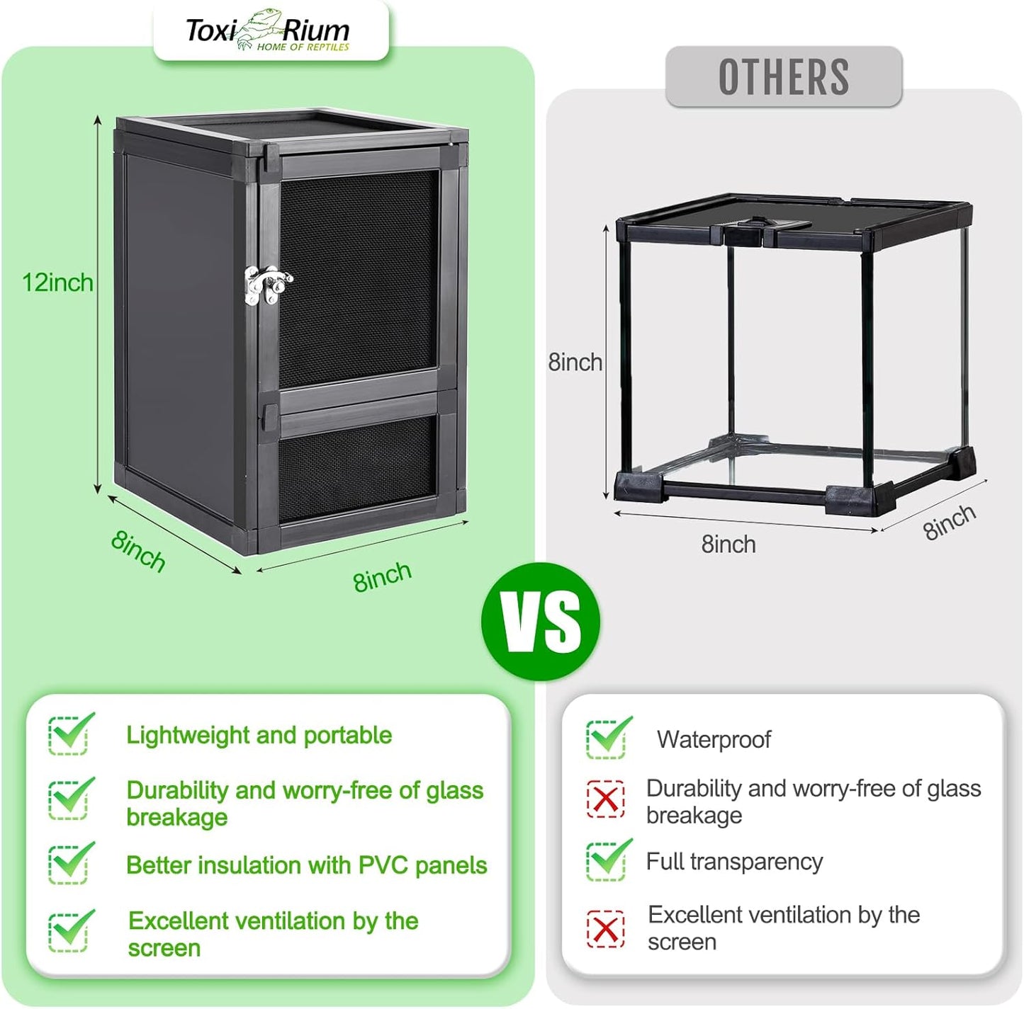 8" x 8" x 12" Small Reptile Cage, Rainforest Habitat with Screen Door, Ventilated Terrarium for Lizards, Frogs, Snakes, Easy Assembly