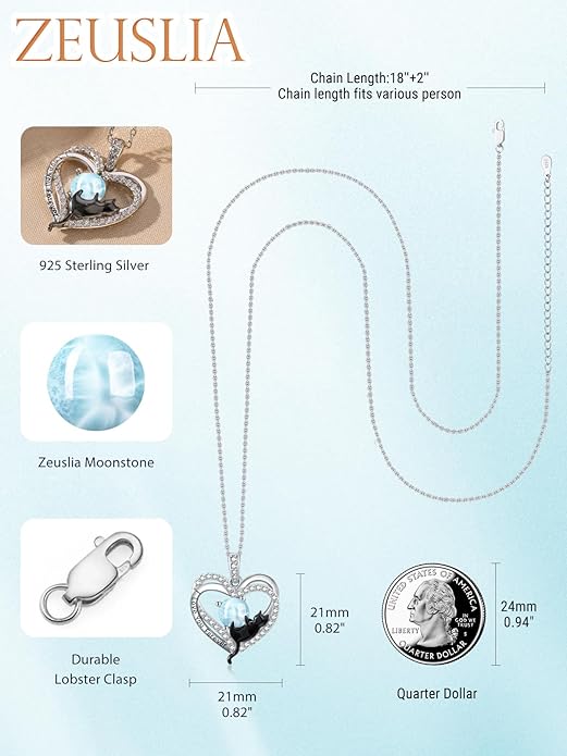Birthstone Cat Necklaces,925 Sterling Silver Cat Necklace Heart Pendant for Women,Dainty Animal Jewelry for Her,Wedding Anniversary Birthday Gifts for Women Mom Grandma