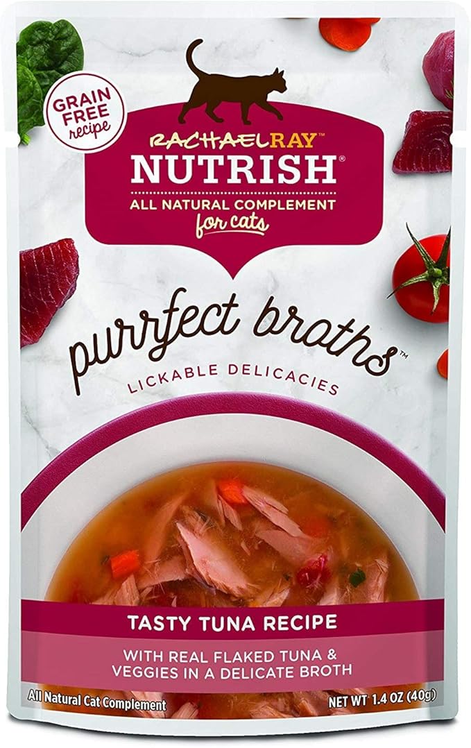 Rachael Ray Nutrish Purrfect Broths Natural Wet Cat Food, Tasty Tuna Recipe with Flaked Tuna & Veggies, 1.4 Ounce Pouch (Pack of 24), Grain Free