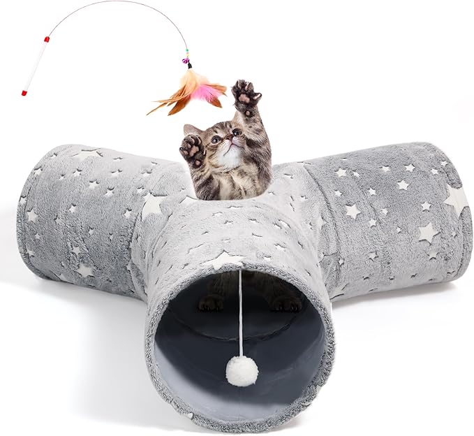 Love's cabin Cat Tunnel Tube Cat Toys 3 Way Collapsible, Self-Luminous Cat Tunnels for Indoor Cats，Kitten Tunnel Bored Cat Play Tunnel with Peek Hole Toy Ball for Cat, Kitty, Kitten, Puppy Grey