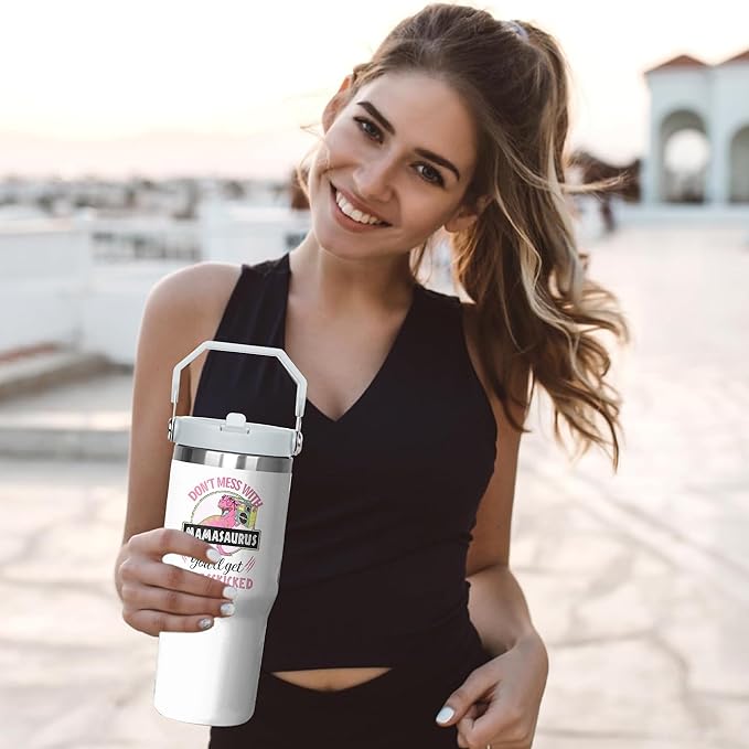 30 Oz Momasaurus Tumbler with Handle and Straw, Best Mom Cup Gifts for Mom Insulated Jurasskicked Mom Cup, Double Wall Stainless Steel Momasaurus Cup, 30 Oz Leak Proof Mama Saurus Cup for Mom Gifts