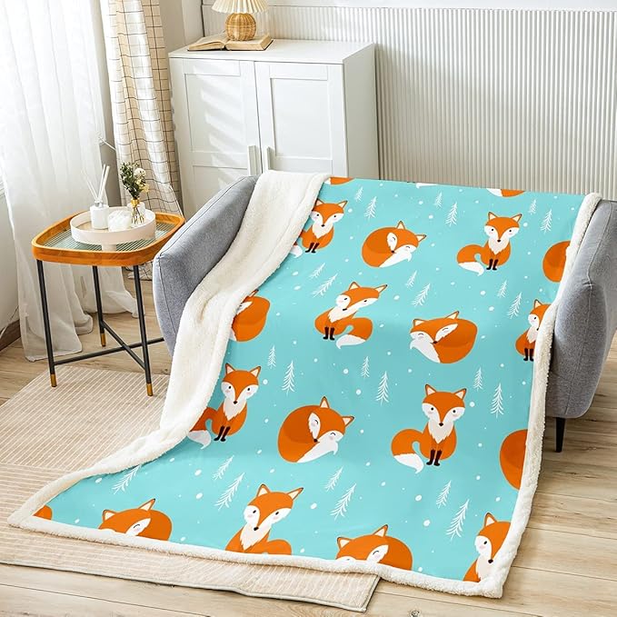 Kids Cartoon Fox Throw Blanket Kawaii Style 3D Animal Theme Fleece Throw Blanket for Bed Sofa Couch Cute Bedroom Decor Woodland Fox Fuzzy Blanket Girls Super Soft Plush Blanket Queen 90"x90"