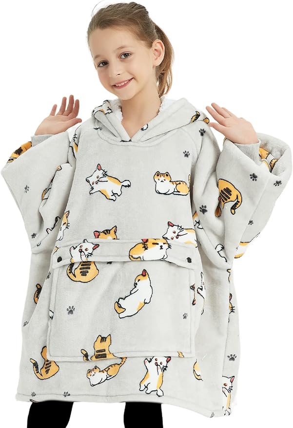 KFUBUO Wearable Blanket Hoodie for Kids Sherpa Patterns Oversized Sweatshirt Blanket With Pocket 6-10 Year Old Girl Boy Birthday Gifts Cat