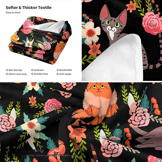 Cute Cat Blanket Soft Flannel Cat Throw Blankets Kids Adults for Bedding Bedroom Living Rooms Sofa Full Season Gifts 80"x60"