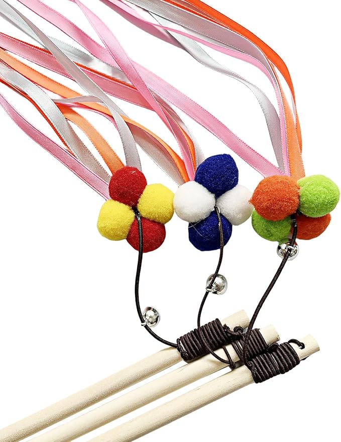 IUHKBH Cat Wand Toys, 3 PCS Interactive Cat Toys Wooden Handle Cat Teaser Toys with Bell, Ribbon and Pom Poms Sturdy Cat Sticks