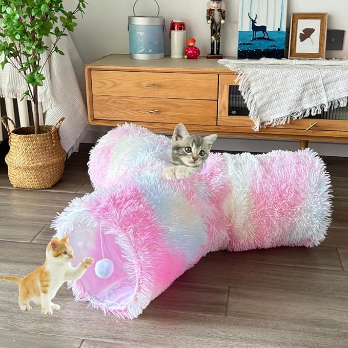 Cat Tunnel Tube Toy, Tunnels for Indoor Catss Soft Warm Rainbow Plush, 3 Way Collapsible Interactive Toys Maze House with Peek Hole Dangling Ball for Rabbit, Puppy, Kitty, Kittens