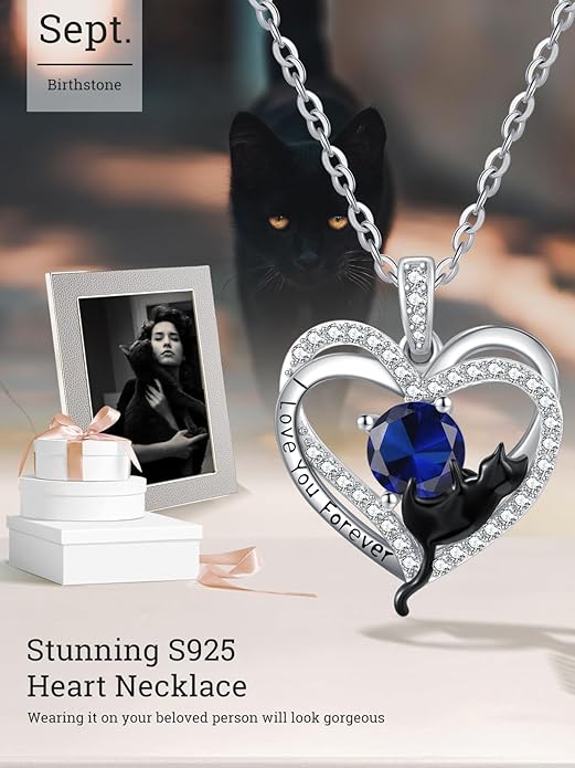 Birthstone Cat Necklaces,925 Sterling Silver Cat Necklace Heart Pendant for Women,Dainty Animal Jewelry for Her,Wedding Anniversary Birthday Gifts for Women Mom Grandma