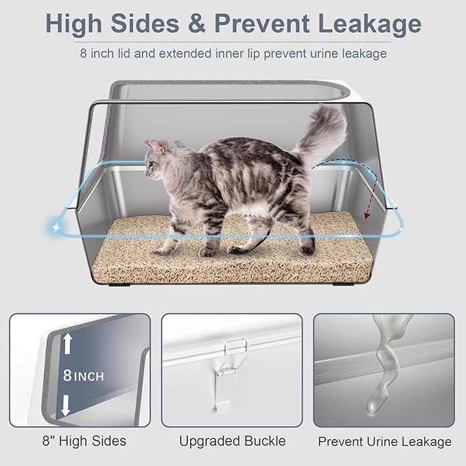 All Stainless Steel Teflon Coated Cat Litter Box with Lid,Extra Large Enclosed Litter Box with High Sides Cover,XL Metal Litter Boxes for Big&Multiple Kitty,Anti Leakage,Easy Cleaning,Metal Scoop