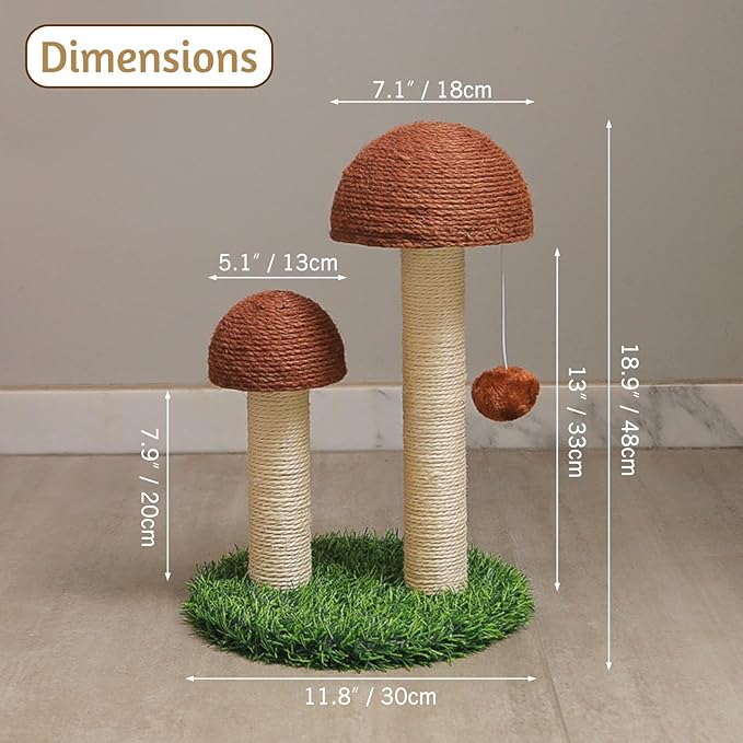 BNOSDM Mushroom Cat Scratcher with 2 Sisal Poles, Cat Scratching Post Pet Interactive Toy Scratch Post with 12 Pcs Cat Toys and Hanging Ball for Indoor Kitten Kitty Small Cats (Grey)