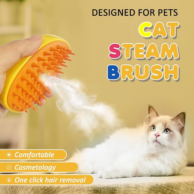 3 In 1 Steam Pet Brush - Self-Cleaning Steamer for Cat Massage, Removing Tangles, Loose Hair, and Spray Grooming (Yellow)