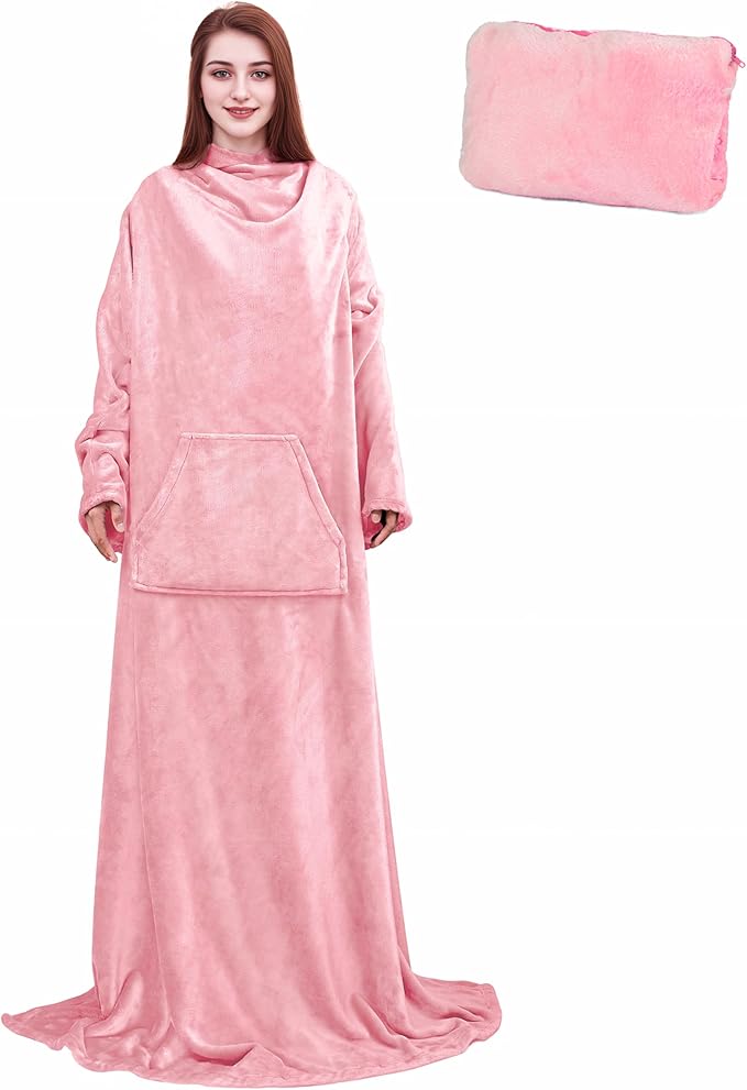 Solaris Travel Wearable Blanket with Sleeves, 2 in 1 Packable Airplane Pillow Blanket for Adult Women Men, Soft Cozy Warm Snuggy Body Blanket for Outdoor Indoor Home Lounge, Pink