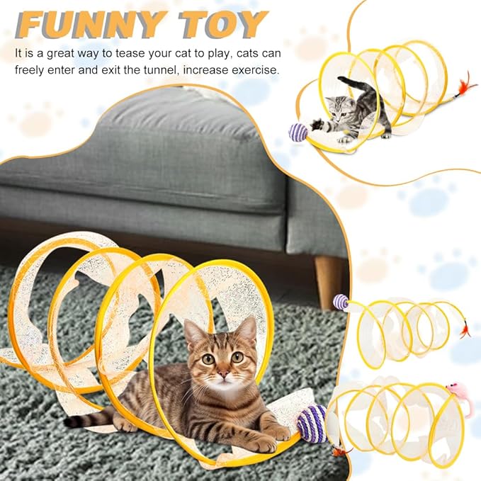 2Pcs Self Play Cat Hunting Spiral Tunnel Toy, Folded Cat Tunnel Toy Spiral Cat Toy, Cat Spring Toy Spiral Cat Toys, Indoor Cat Activity Structure with Feather(Yellow,Size:19.7inch)