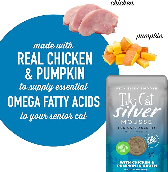TIki Cat Silver Mousse, With Chicken & Pumpkin In Broth, Silky Smooth Nutrient Rich Formulated for Older Cats Aged 11+, 2.9 oz. Pouch (Pack of 12)