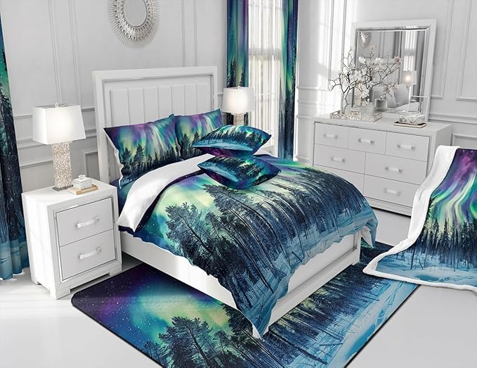 Northern Light Plush Blanket Galaxy Pine Trees Fleece Throw Blanket for Sofa Couch Bed Starry Sky Aurora Sherpa Blanket Room Decor Aurora Theme Fuzzy Blanket Green Purple Queen 90x90 Inch