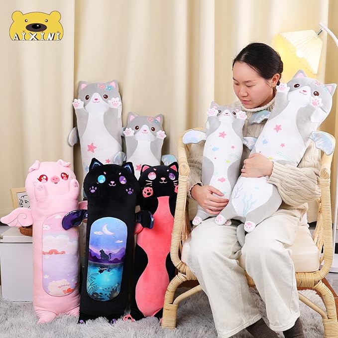 AIXINI Long Cat Plush Pillow Cartoon Cute Gray Cat Stuffed Animals, Soft Kawaii Kitten Plushies Pillow Toy for Kids (Gray,27.5inch)