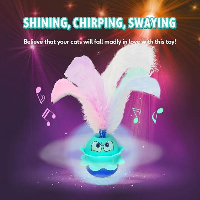 LEWISER Cat Toys Monster, 3in1 Rechargeable Automatic Interactive Cat Toy for Indoor Cats Exercise, Real Feathers, Silicone and Butterfly Tail, LED Lighting, Mice Squeak Chirping, Blue
