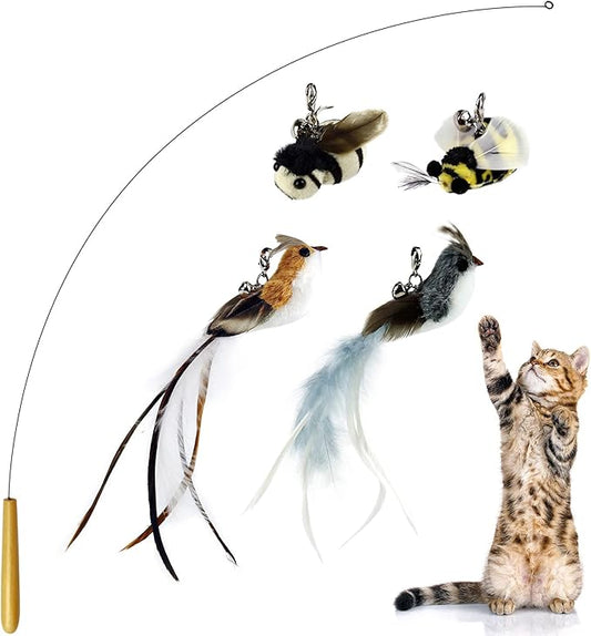 Interactive Bird and Insect Simulation Cat Toy Set with 4 Feather Refills, 29'' Flexible Steel Wire, Sturdy Wood Handle & Bell,Cat Wand Toys for Indoor Cat and Kitten.