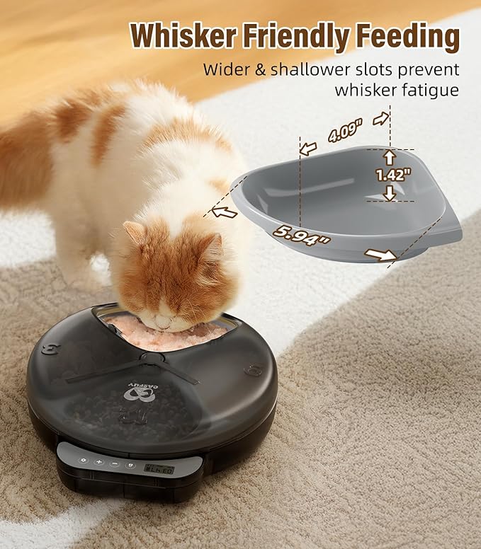 Casfuy Battery-Operated Automatic Cat Feeder - Whisker Friendly Automatic Cat Food Dispenser for Wet Dry Food Cordless 4-Meal Auto Feeder for Cats Small Dogs with Programmable 12H/24H Format Timer