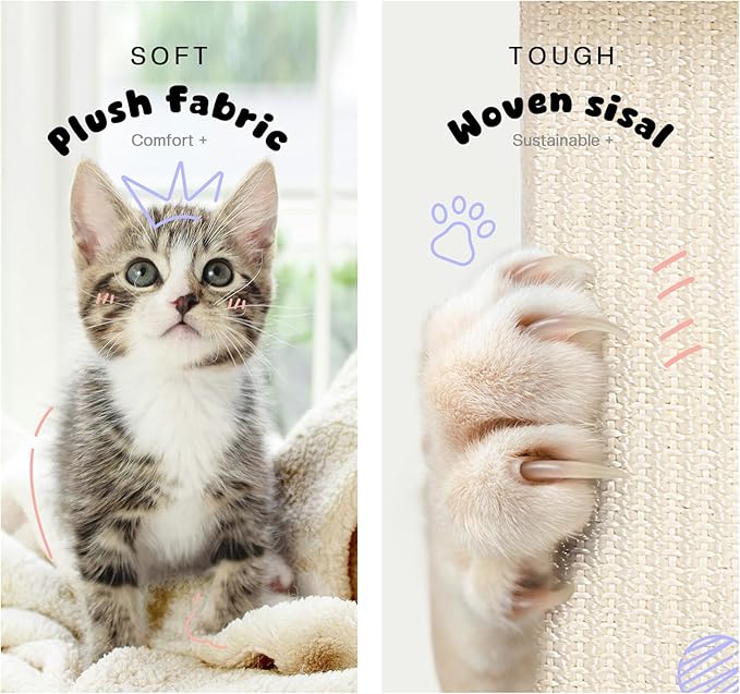 Small Cat Tree, 31 Inches Tall Cat Scratching Post with Perch & Condo & Hammock, Natural Woven Sisal Cat Post Sctacher, Kitten Scratching Posts for Indoor Cats, Cat Scratch Tower, Beige